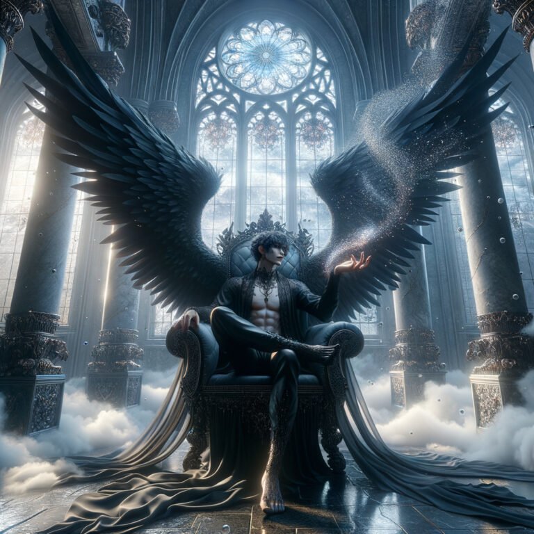 aesthetic luciferian male angel slumped in a throne i