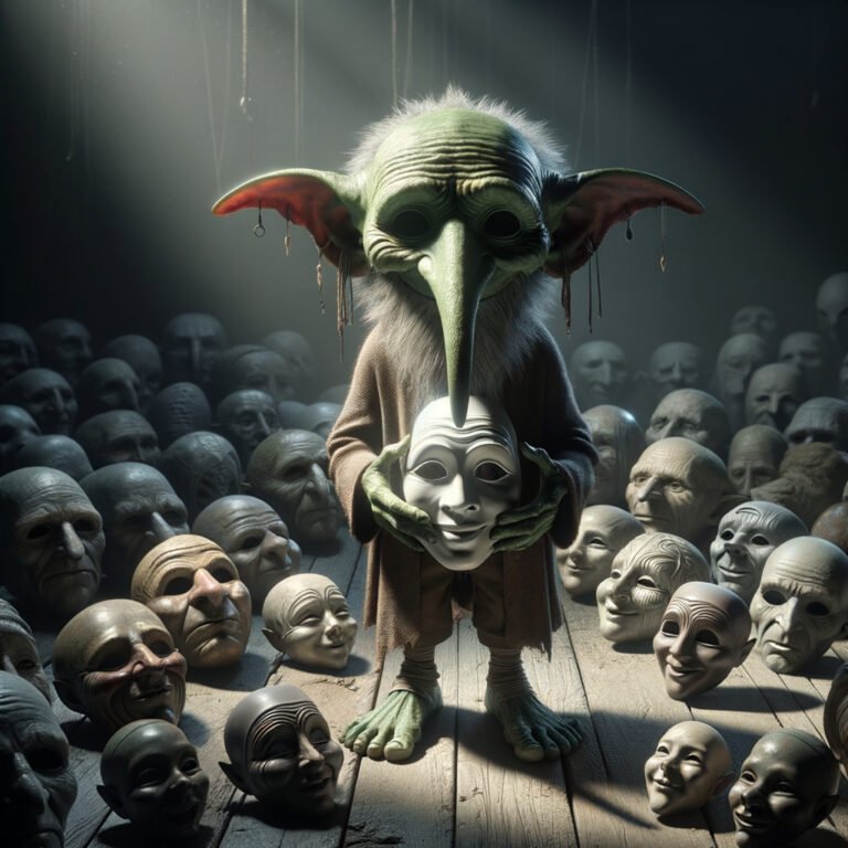 goblin with a large nose holding a theater mask in hi