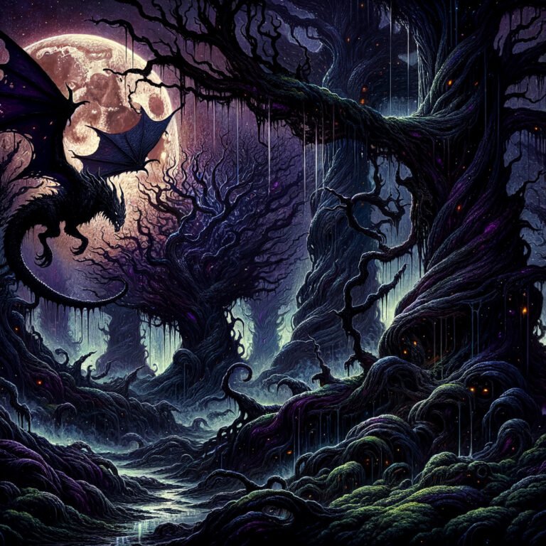 magical forest of glowing coiling trees dripping blac