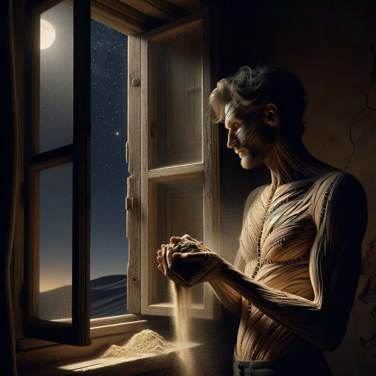 stitched together man staring out of an open window a