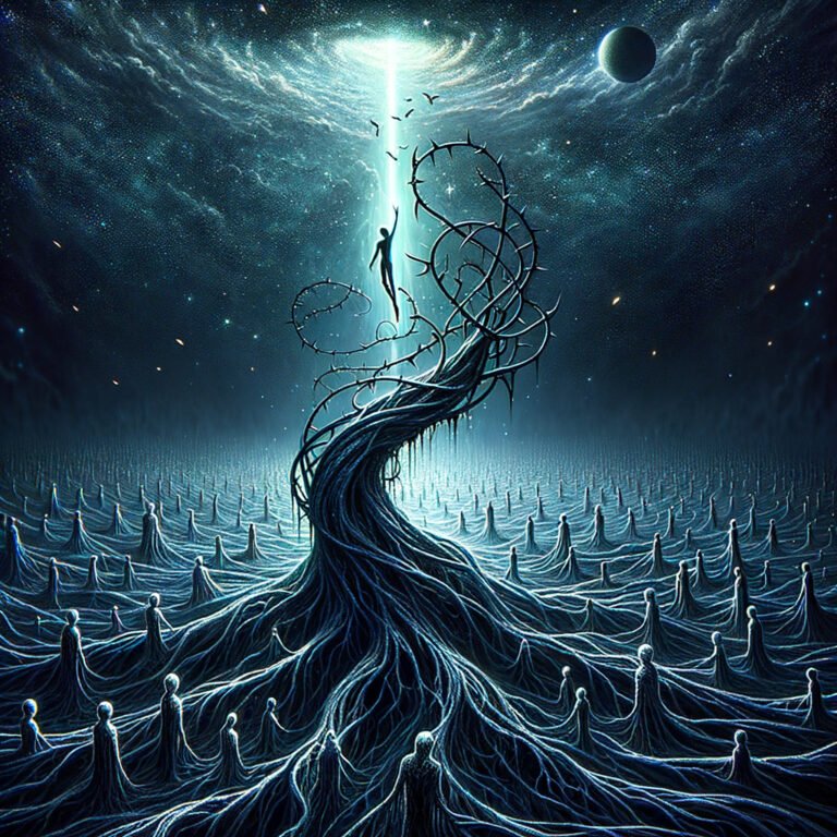 a darkly luminous surreal painting depicting a lone v