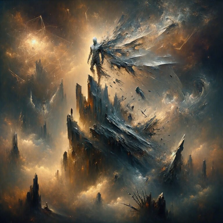 a mystical promethean figure standing alone atop a ja