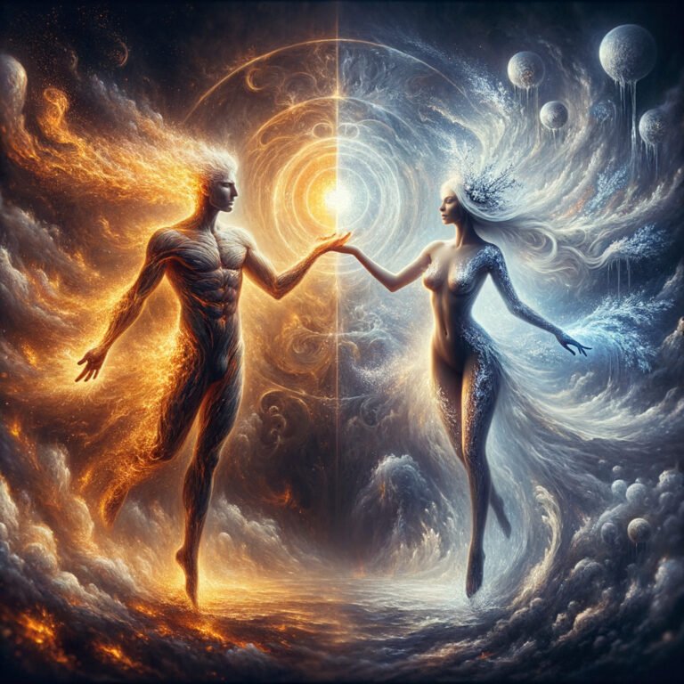 a mythic surreal painting portraying two luminous bei