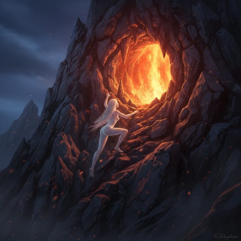 amake her climbing up a mountain towards a fiery cave