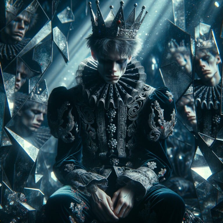 amelancholic dark jester king surrounded by a world of